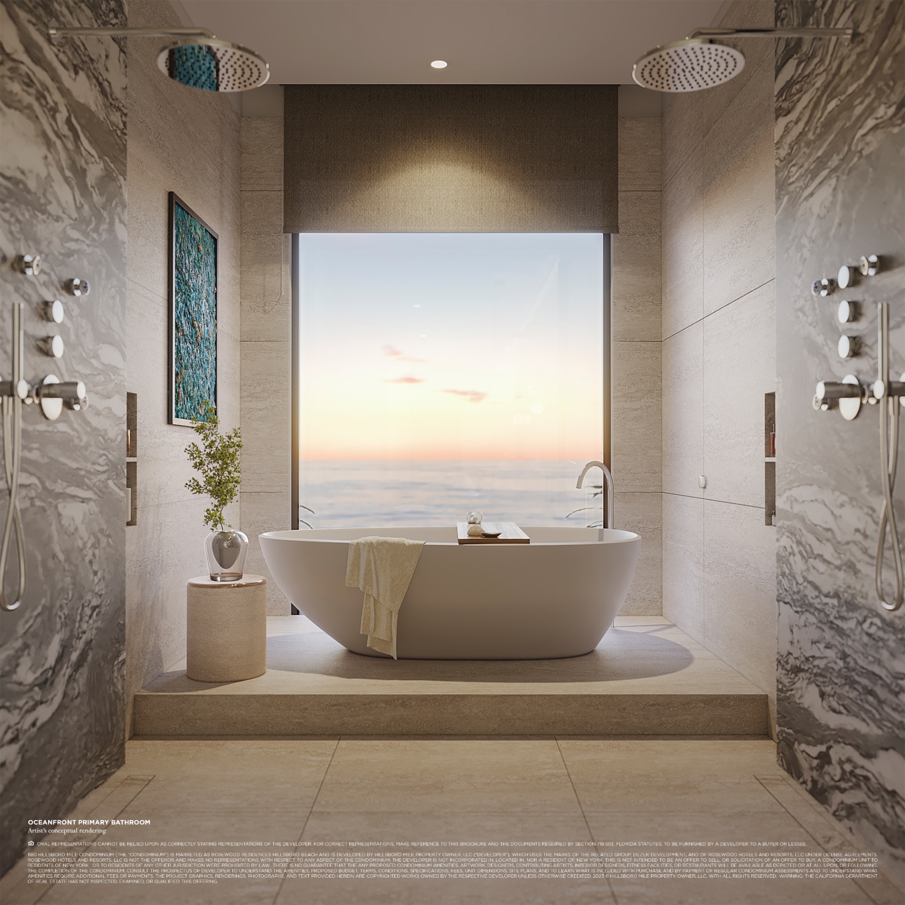 Primary bathroom at Rosewood Residences Hillsboro Beach — freestanding soaking tub facing open Atlantic ocean view at golden hour