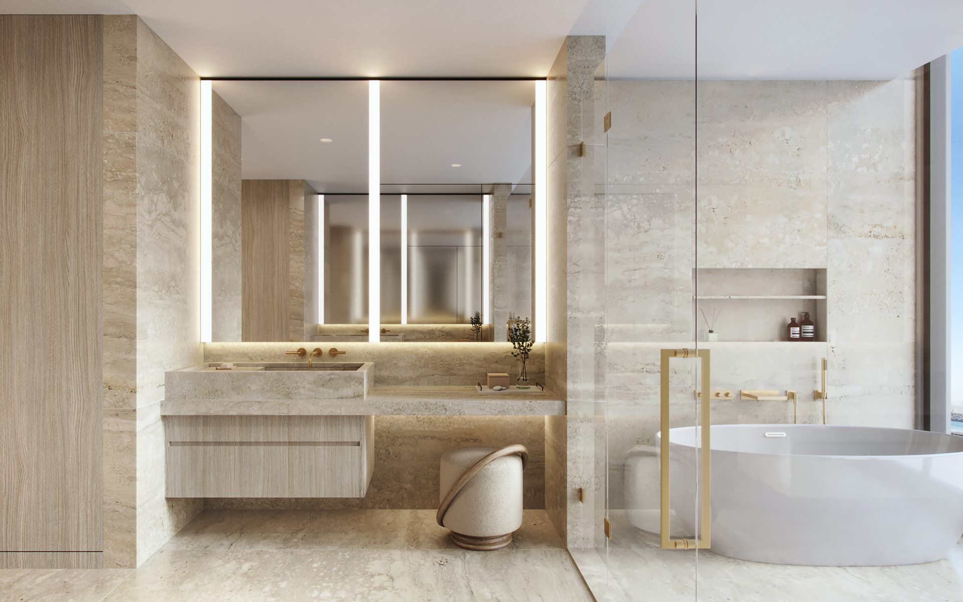 Primary bathroom at The St. Regis Residences, Miami — book-matched marble, dual vanity zones, frameless glass shower, freestanding tub