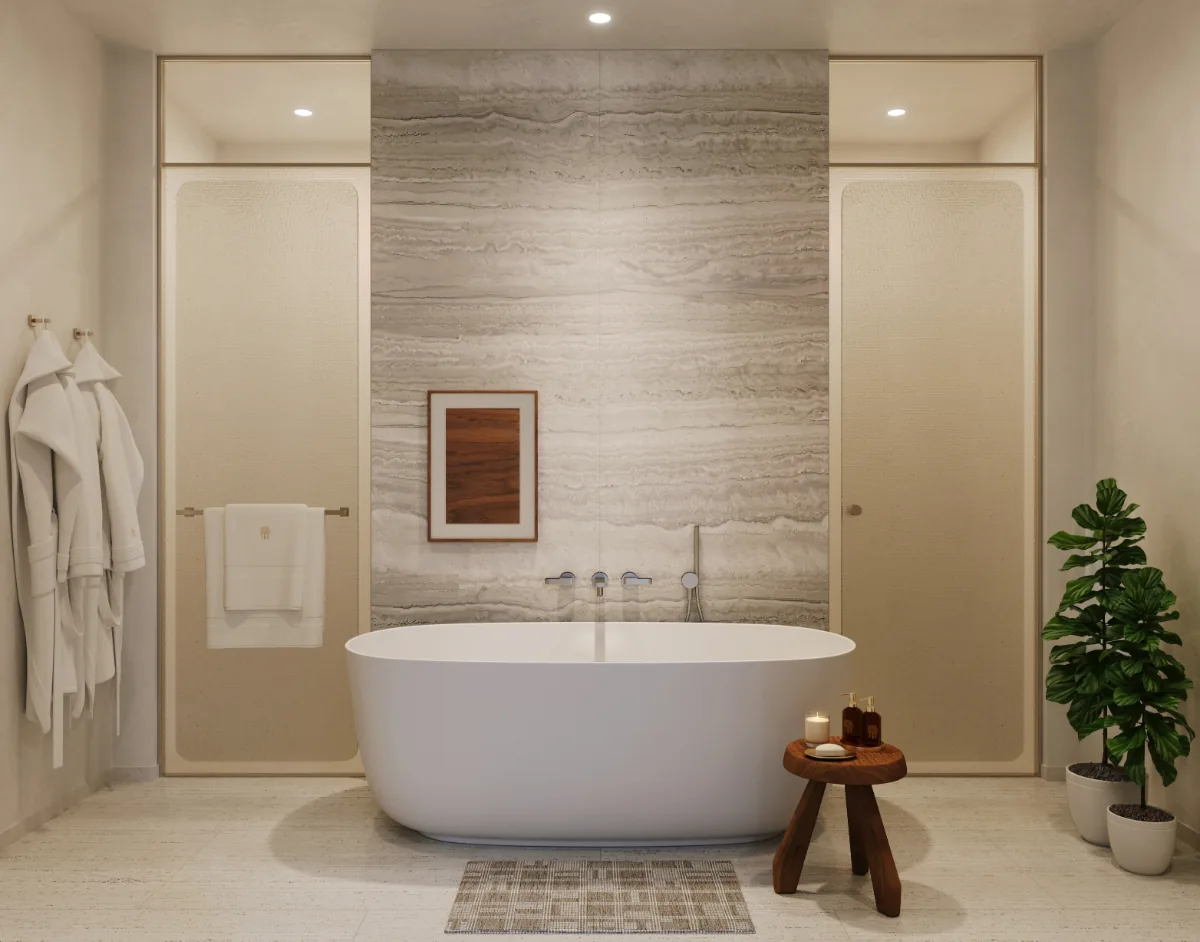 Banyan Tree Residences spa-inspired bathroom with freestanding tub