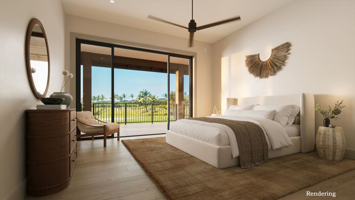 Primary bedroom with panoramic views of the golf course and tropical landscape