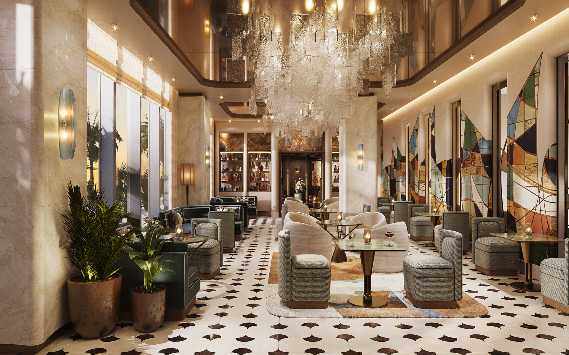 Hospitality-branded residence lounge with chandelier and lounge seating