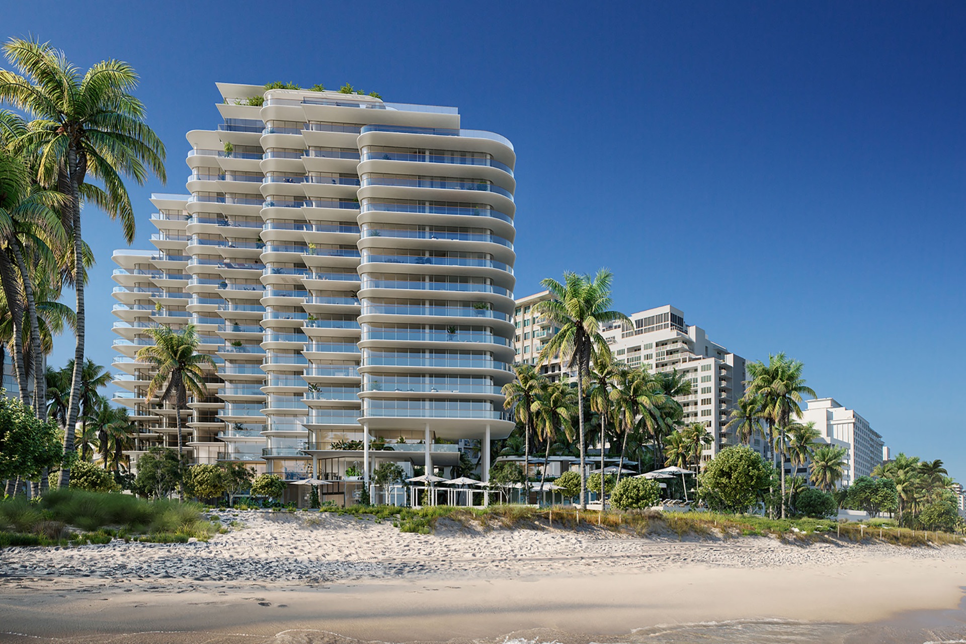 Oceanfront branded residence tower along the South Florida coastline
