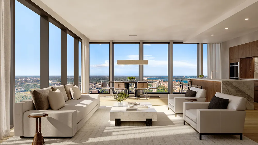 The Residences at the Detroit Edition great room with panoramic city views
