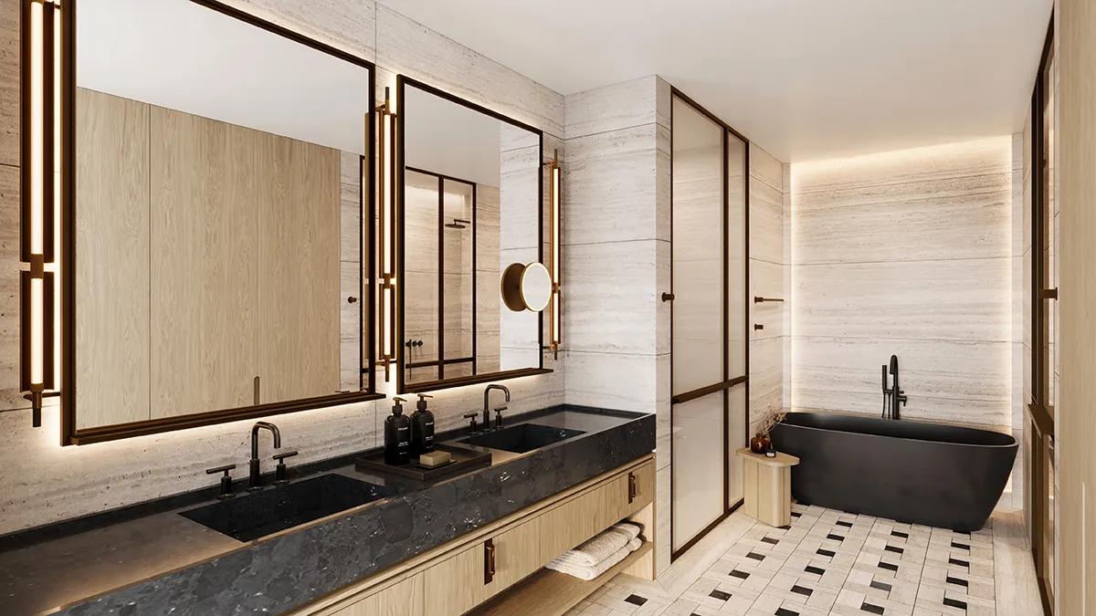 Pendry Residences Mexico City bathroom with black stone vanity and soaking tub