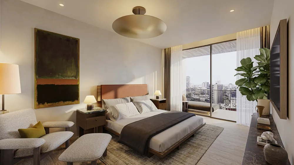 Pendry Residences Mexico City bedroom with city views and modern art