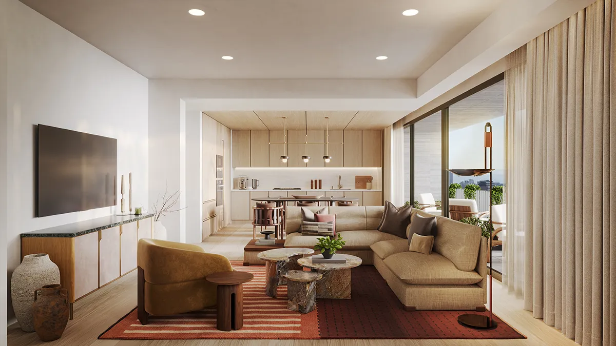 Pendry Residences Mexico City living room with elegant furnishings and city views