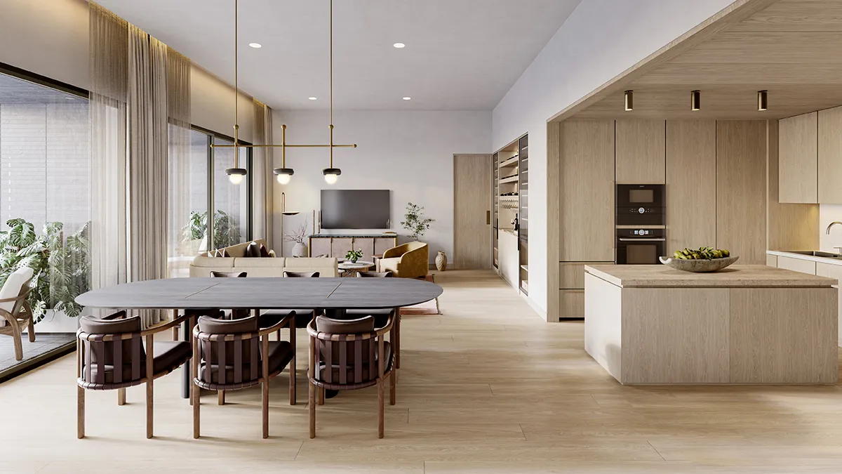 Pendry Residences Mexico City open-plan dining and kitchen with natural materials
