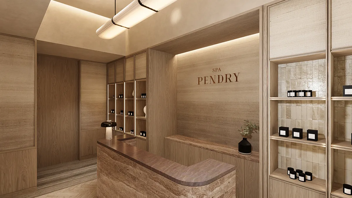 Spa Pendry Mexico City reception with warm wood and stone finishes