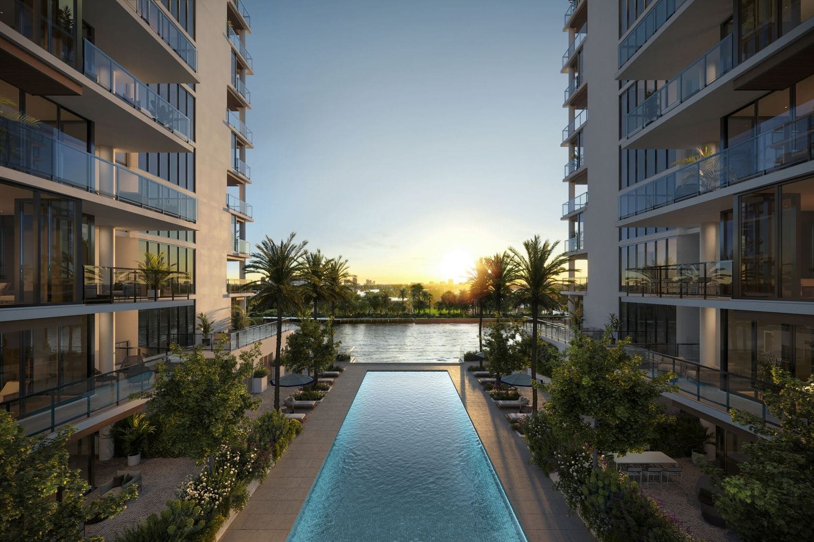 Ritz-Carlton Residences Fort Lauderdale pool and waterway at sunset