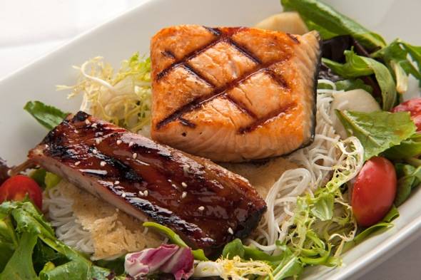 RedFarm. Rice Noodles & Asia Green Salad w. BBQ Spare Rib and Salmon