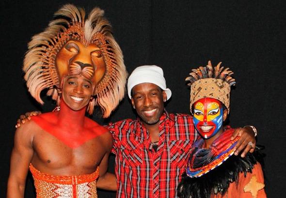 Jelani Remy as Simba, Boyz II Men's Shawn Stockman, Buyi Zama as Rafiki backstage at THE LION KING Las Vegas 2, 1.3.11