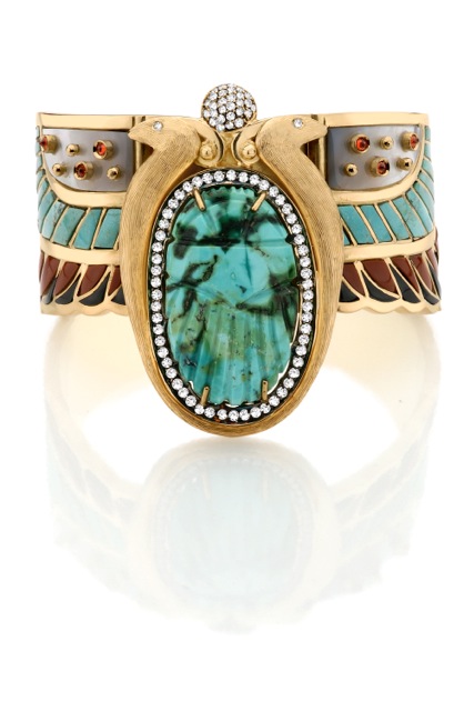 18 carat gold, diamond, turquoise,  jasper, mother-of-peral, orange saphire and onyx bracelet