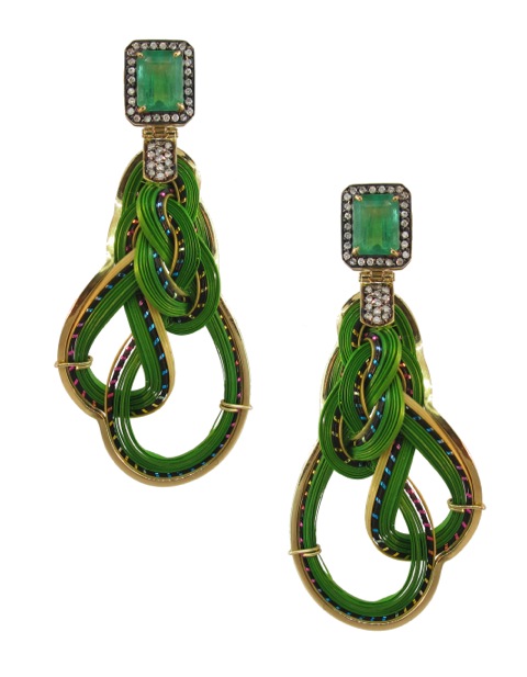 18 ct. gold, bamboo, emerald and diamond earrings