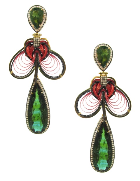 18 ct. gold, bamboo, green tourmaline and diamond earrings