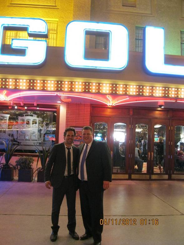 Mark Ruffalo and Golden Gate co-owner Derek Stevens in front of Golden Gate Casino, Las Vegas, 4.10.12