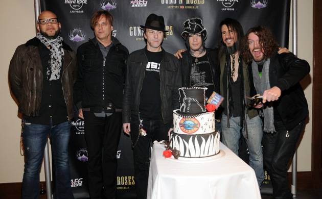 L to R Drummer Frank Ferrer, Keyboardist Chris Pitman, Bass player Tommy Stinson, Guitarist DJ Ashba, Guitarist Ron Bumblefoot Thal and Keyboardist Dizzy Reed