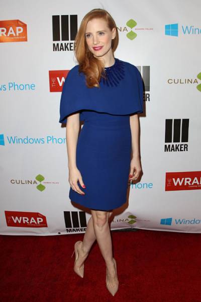 Best Actress Nominee Jessica Chastain Beautiful in Blue Andrew Gn at Four Seasons Pre-Oscar Party