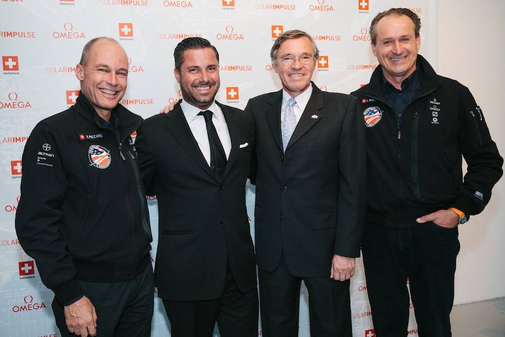 Left-to-Right-Solar-Impulse-pilot-Bertrand-Piccard-Brice-LeTroadec-Head-of-Retail-for-OMEGA-Swiss-Ambassador-François-Barras-and-André-Borschberg-Solar-Impulse-pilot