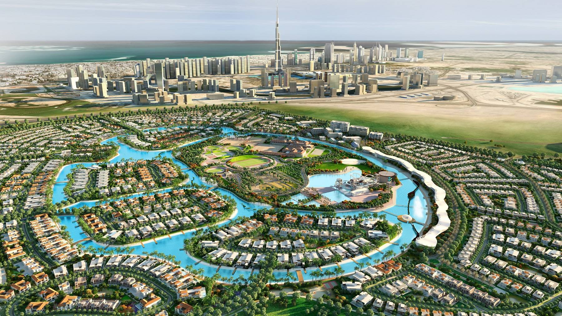 An aerial view of Meydan Sobha – District One located at a short distance of 2.9 kilometers from Burj Khalifa – Med-Res