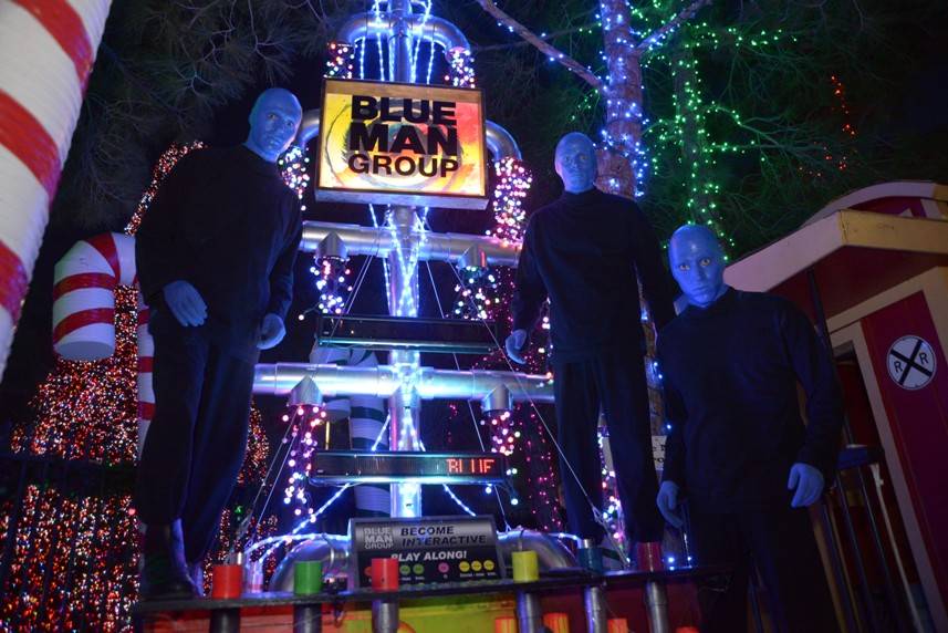 10.9.13 Blue Man Group Las Vegas Poses with Tree at Opportunity Village's Magical Forest_photo credit Paul Smith, Las Vegas Photo and Video