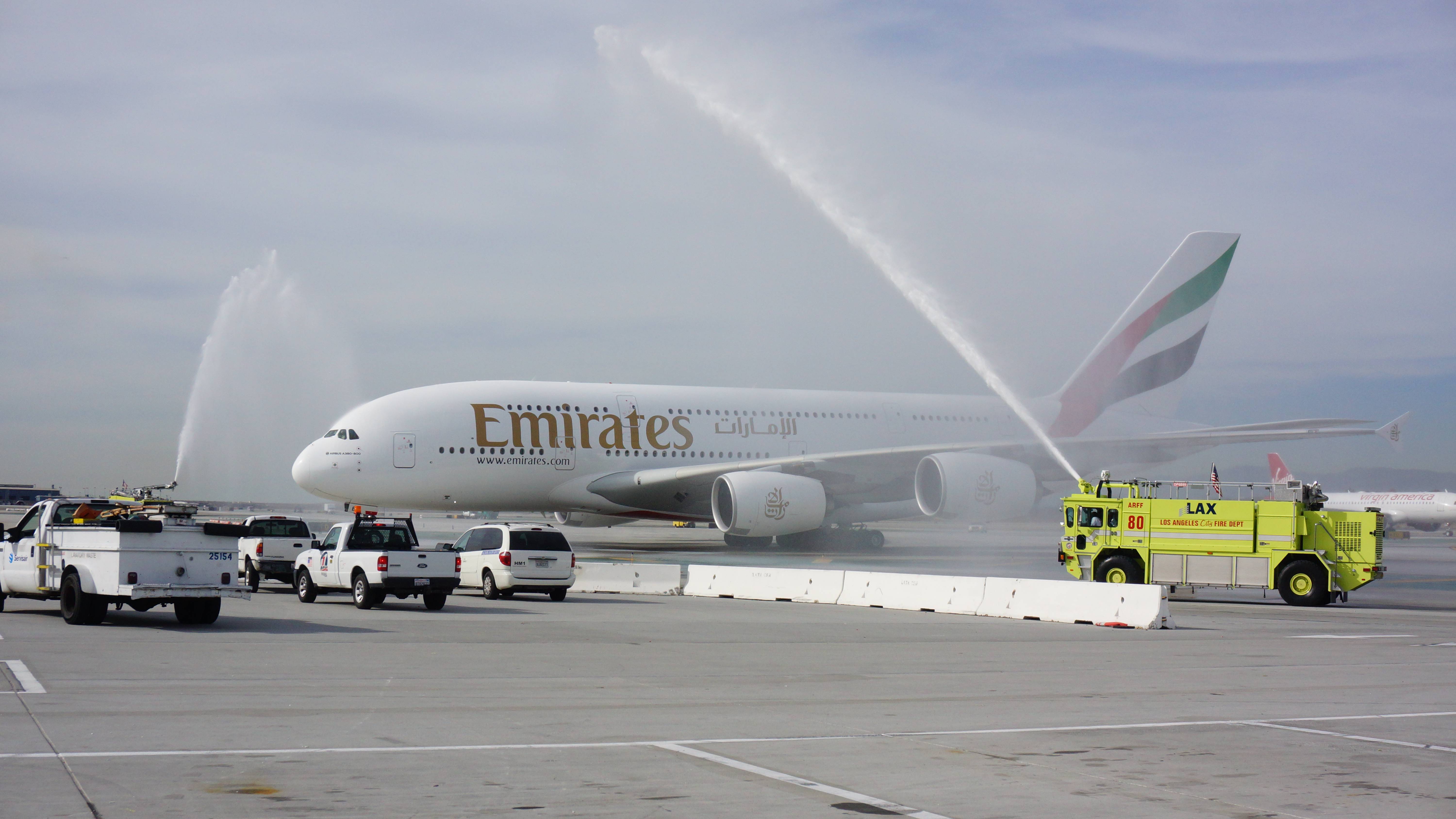 A Water Cannon Salute Welcomes the Emirates’ A380 in Los Angeles