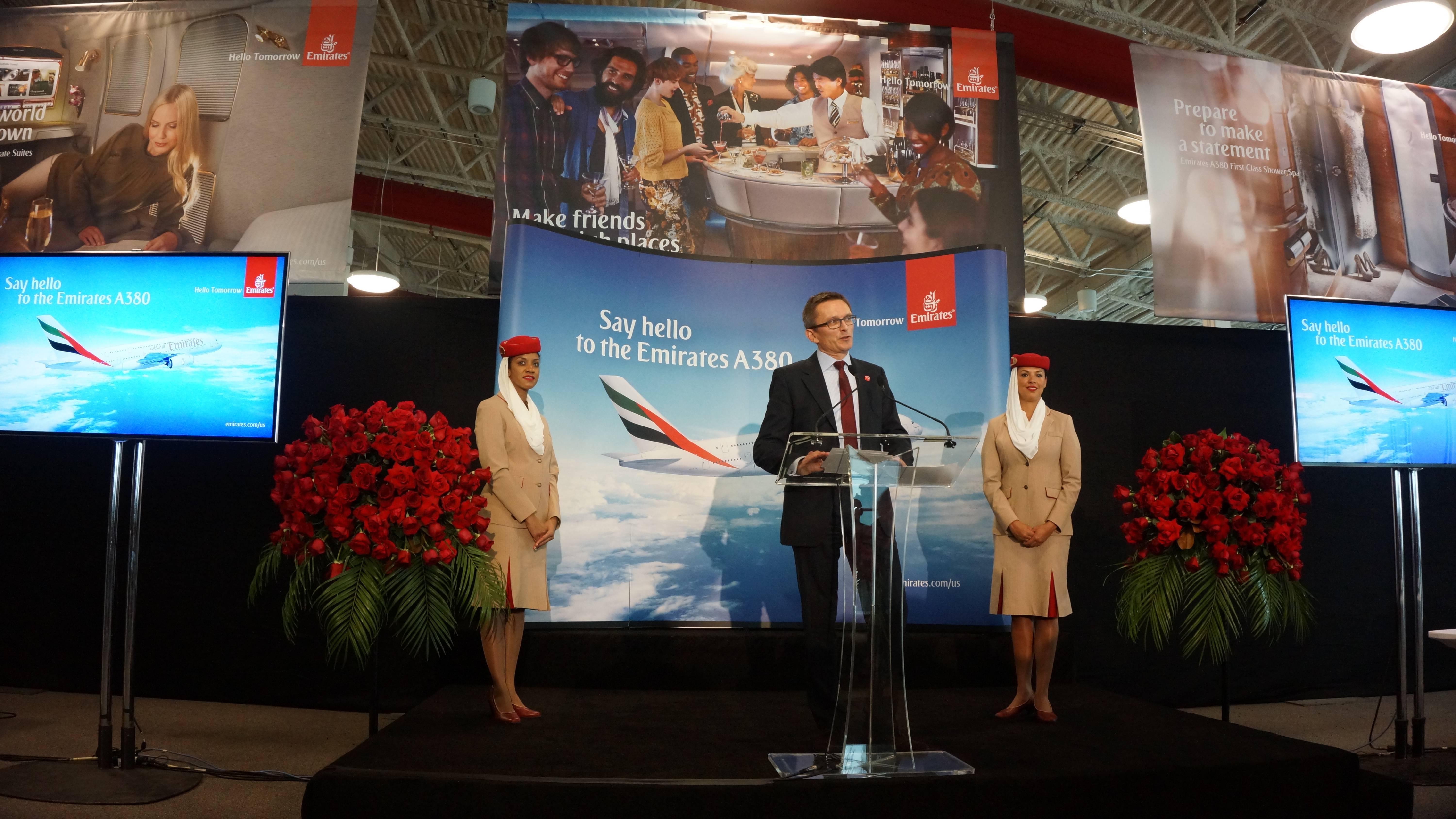 Hubert Frach, Emirates' Divisional Senior Vice President Commercial Operations West speaking after the arrival of the airline's A380 in Los Angeles