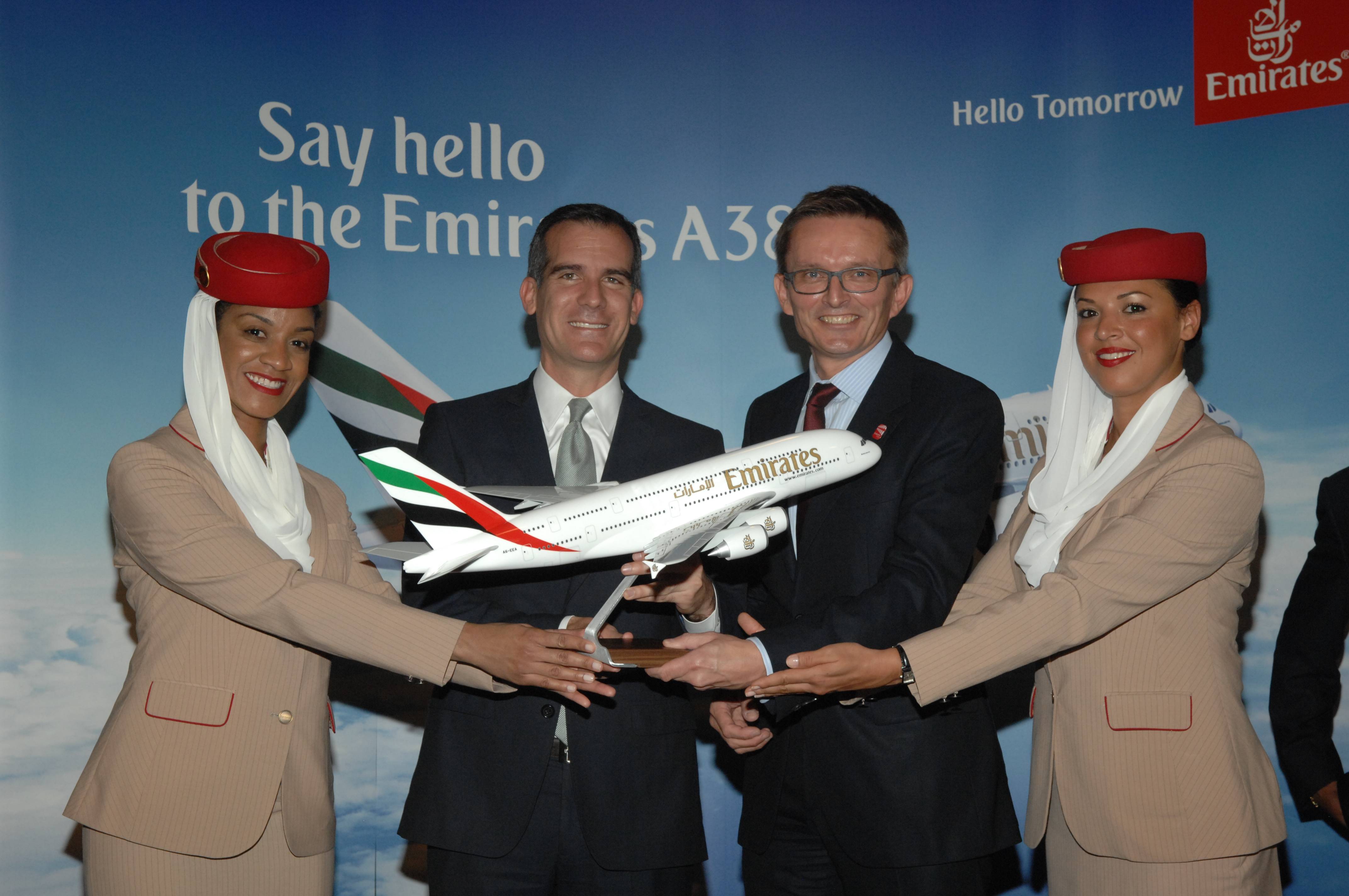 LA Mayor Eric Garcetti and Hubert Frach, Emirates' Divisional Senior Vice President Commerical Operations West Celebrate the Arrival of Emirates' A380 in LA