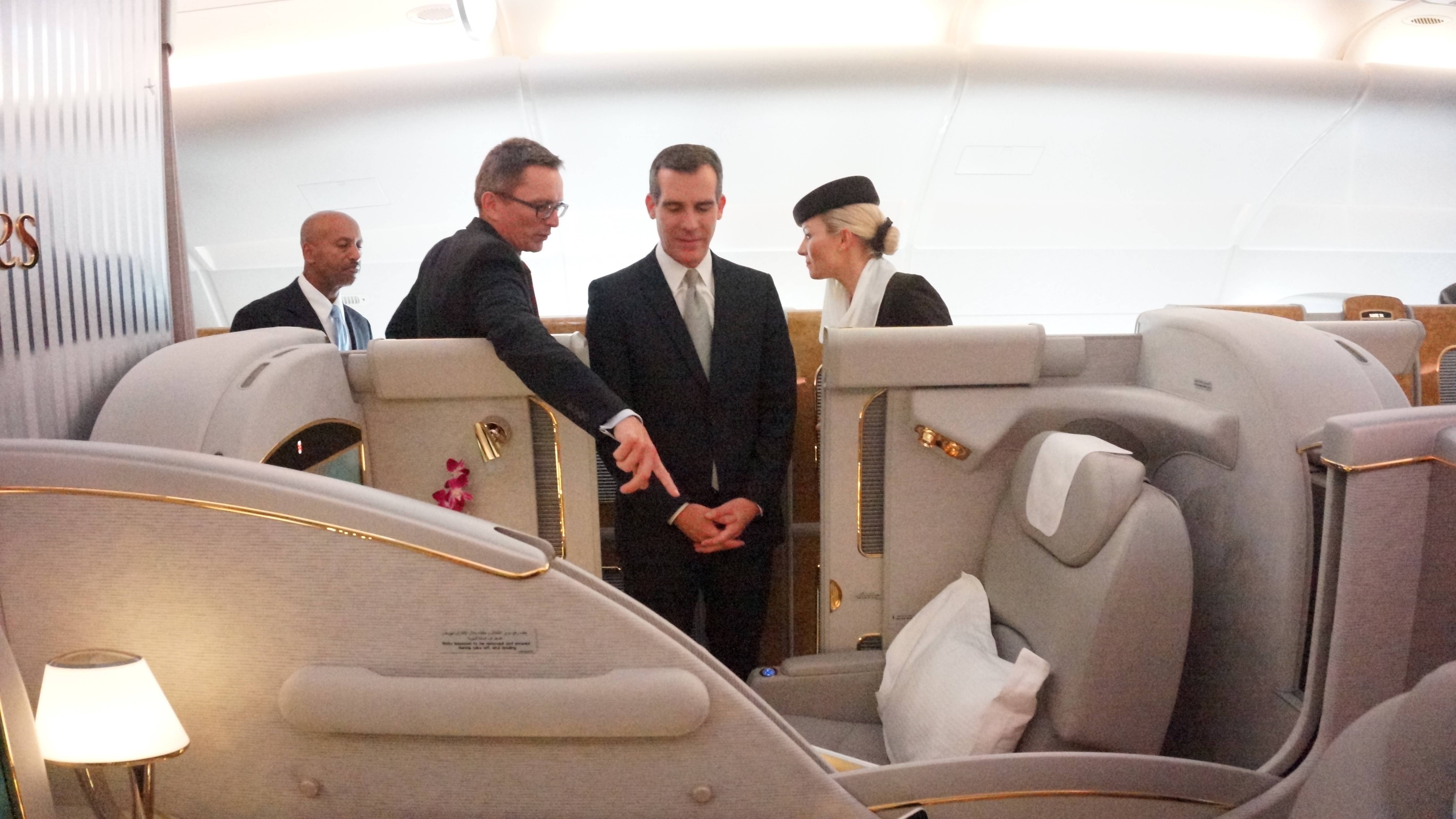 Los Angeles Mayor Eric Garcetti Views the First Class Private Suite On-Board the Emirates' A380 in Los Angeles