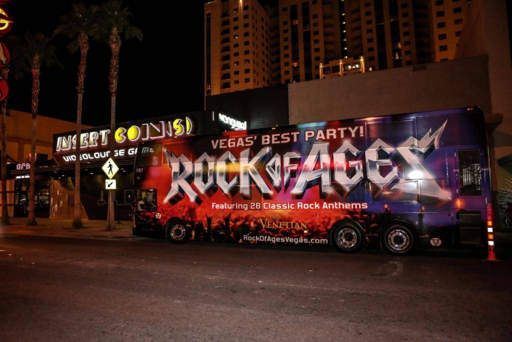 Rock of Ages Bus at Insert Coins;  First Anniversary 12.18.13  © Gabe Ginsberg, VEGASKOOL