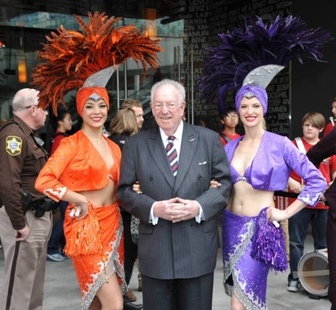 Former Mayor of Las Vegas Oscar Goodman and Showgirls welcomed guests outside of Miracle Mile Shops during USA Sevens Rugy Pep Rally for USA Eagles