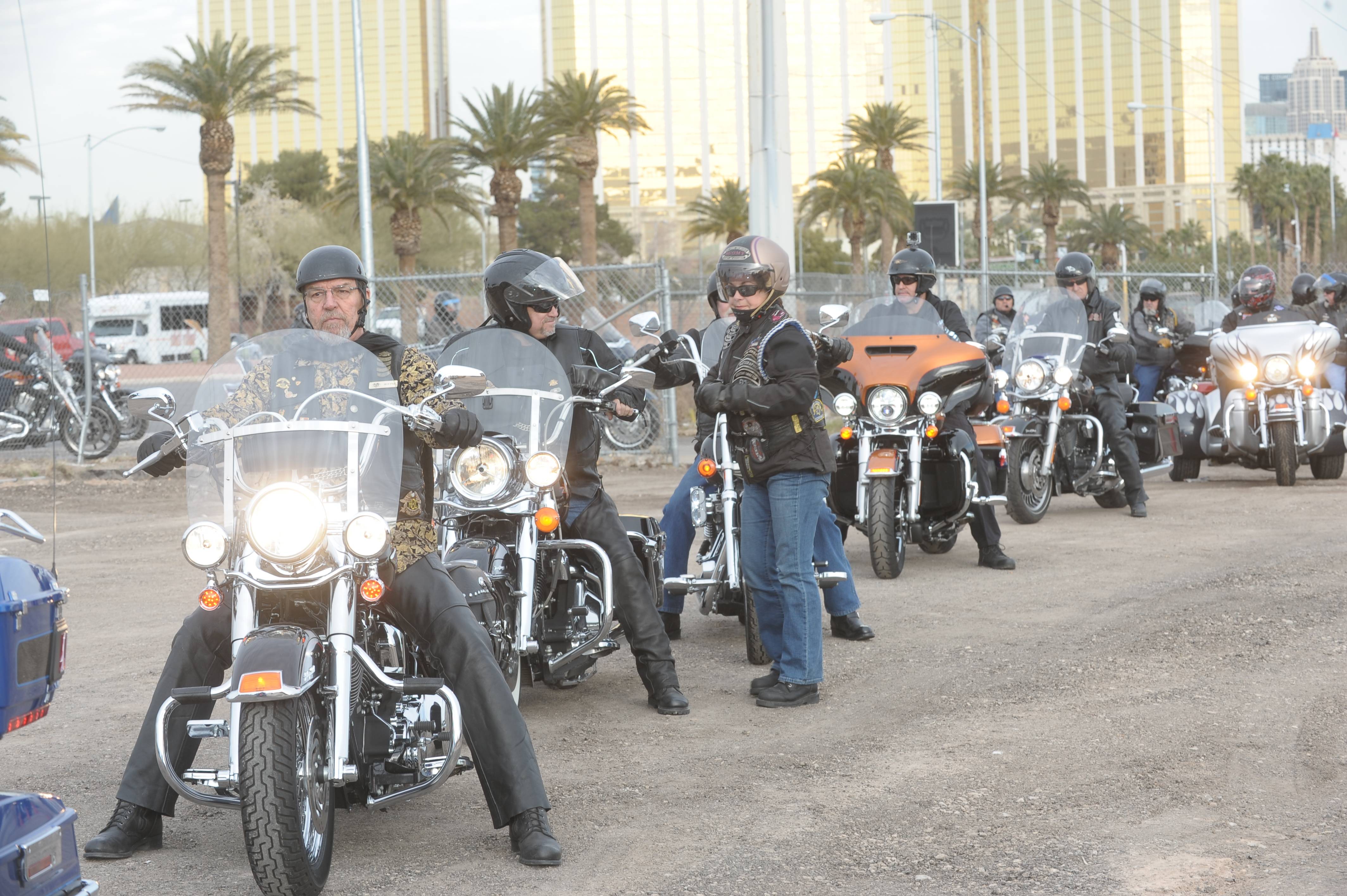 Harley Owners Group members rev their engines to signal the ground shaking for the new Las Vegas Harley-Davidson dealership on the Las Vegas Strip