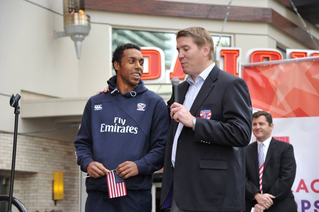 USA Eagles Captain Nick Edwards and Tournament Director for USA Sevens Rugby Dan Lyle addressed the crowd from the stage outside PBR Rock Bar at Miracle Mile Shops