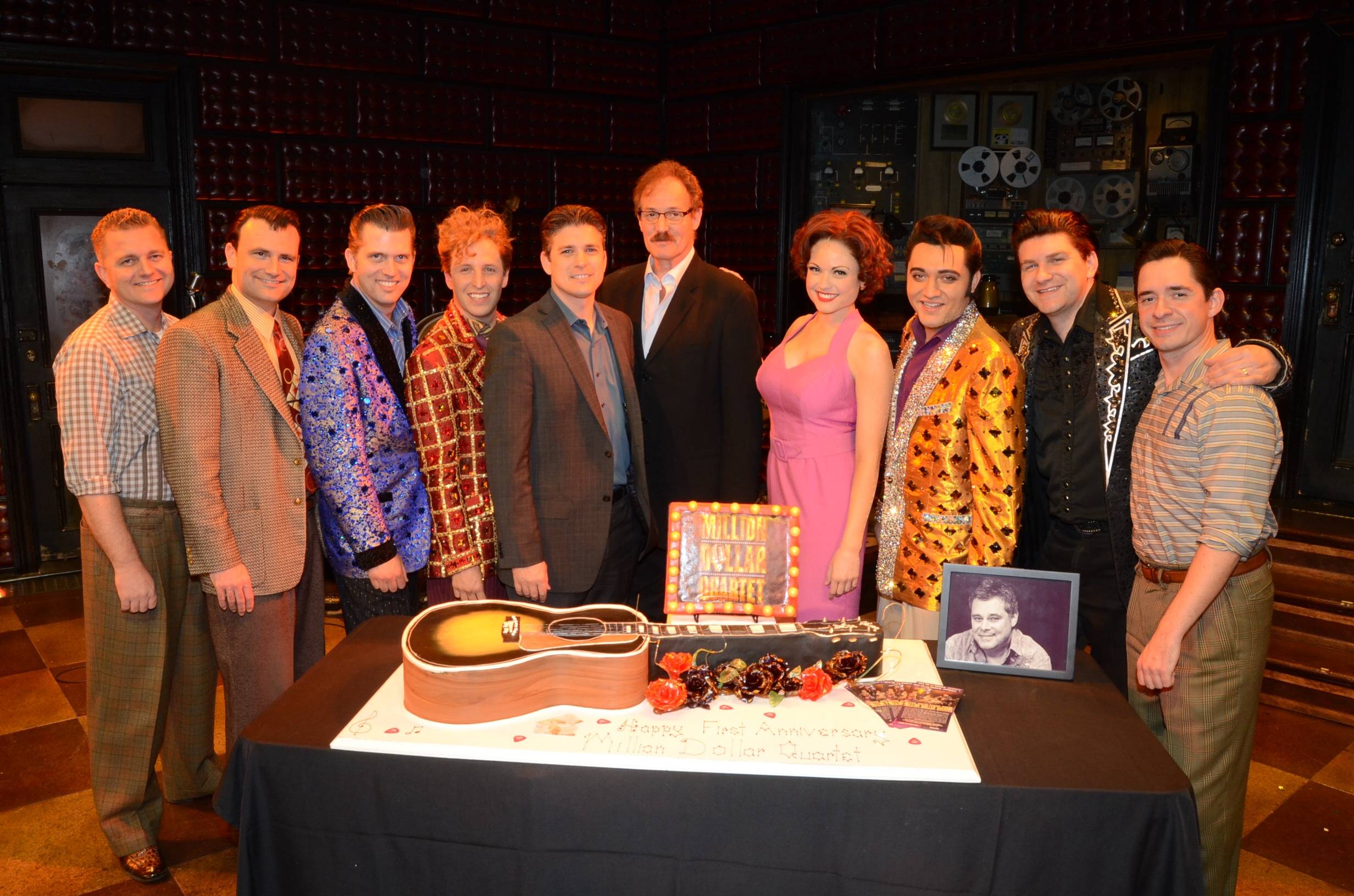 Cast of Million Dollar Quartet Las Vegas with Caesars Entertainment Executive Damian Costa and Ted Rawlins 2; First Anniversary 2.19.14 ©Caesars Entertainment