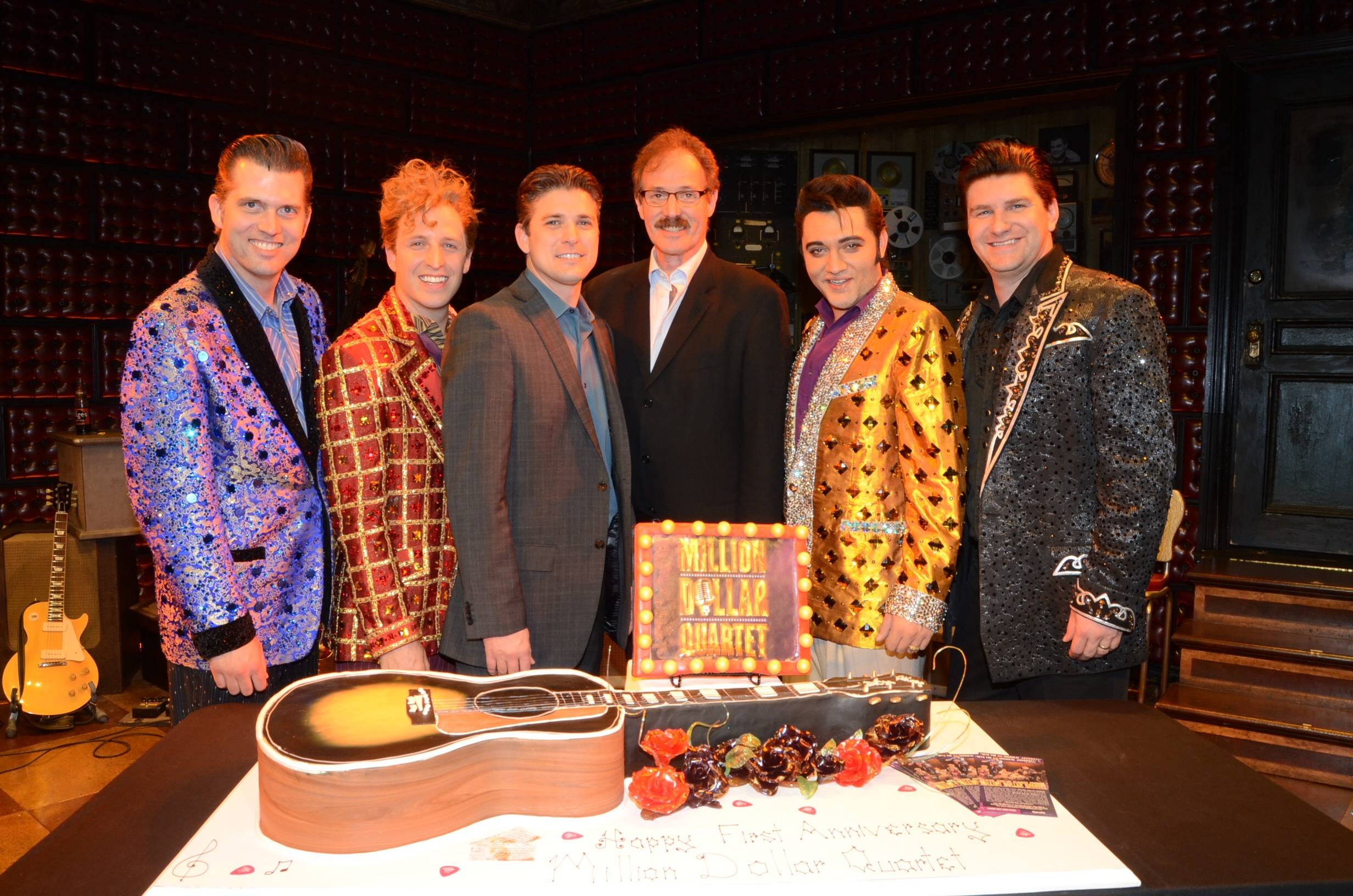 Cast of Million Dollar Quartet Las Vegas with Caesars Entertainment Executive Damian Costa and Ted Rawlins 3; First Anniversary 2.19.14 ©Caesars Entertainment