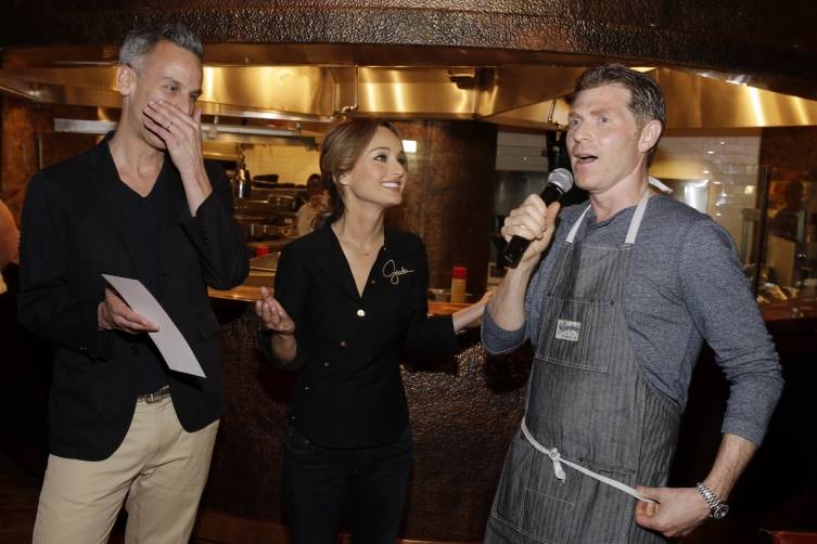 Adam Rapoport, Giada De Laurentiis and Bobbby Flay give remarks before serving delectable dinner (credit Isaac Brekken for Bon Appetit)