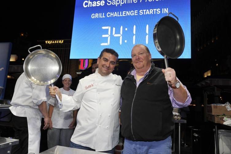 Buddy Valastro and Mario Batali are ready to start cooking at the Chase Sapphire Preferred Grill Challenge (credit Isaac Brekken for Bon Appetit)