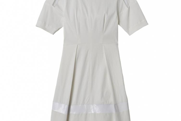 $350- ShortSleeve Poplin Dress with Mesh and Laminate stripe, cotton poplin:mesh