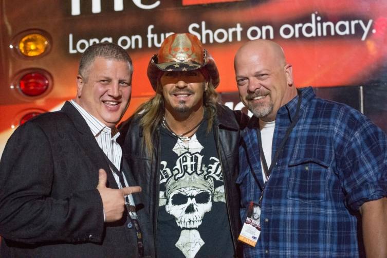 the D owner and CEO Derek Stevens, Bret Michaels and Pawn Stars' Rick Harrison pose before the show at the Downtown Las Vegas Events Center 11.7.14