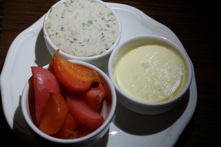 Pickeled Vegetables arrive with butter and fish spread at Seagrape