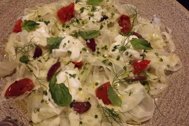 Shaved fennel salad with burrata and sun dried tomatoes