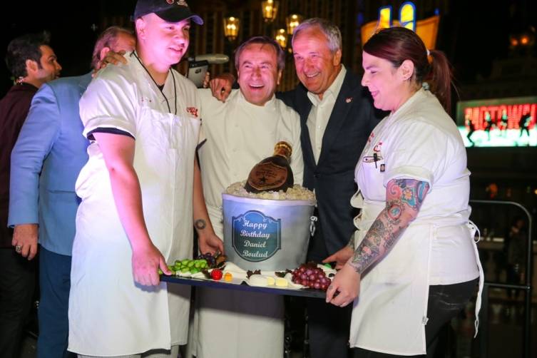 Birthday cake is presented to Daniel Boulud by Buddy V’s and Larry Ruvo at UNLVino's Bubble-Licious, 4.16.15