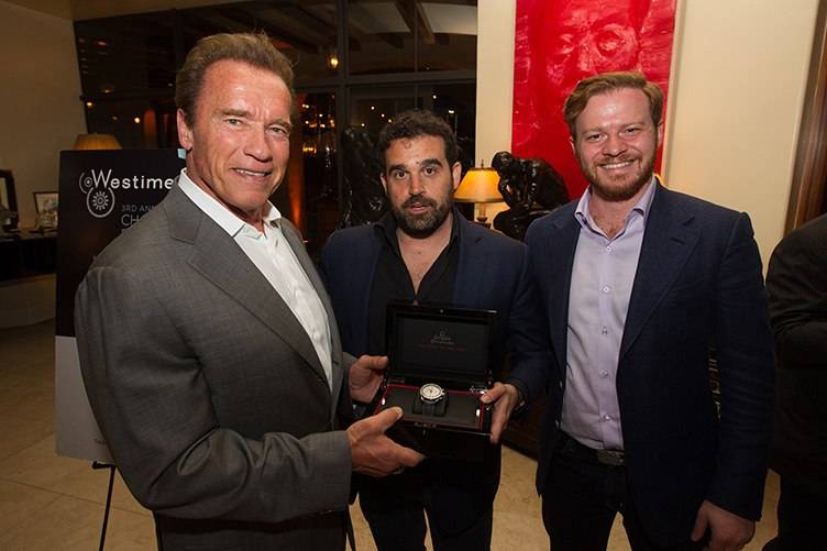 Arnold Schwarzenegger, Haute Living publisher Seth Semilof and Greg Simonian