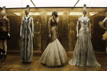 Creations by the late British designer Alexander McQueen are displayed during a preview at the Metropolitan Museum of Art in New York
