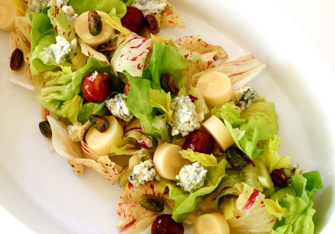 Chop salad: made with hearts of peach palm, medjool dates, pistachios, and Roquefort