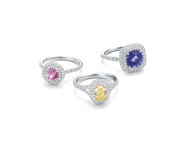 Tiffany Soleste Rings with an Oval Tiffany Yellow Diamond, Cushion-Cut Tamzamite and round Pink Sapphire in Platinum with Diamonds $7,500, $9,000