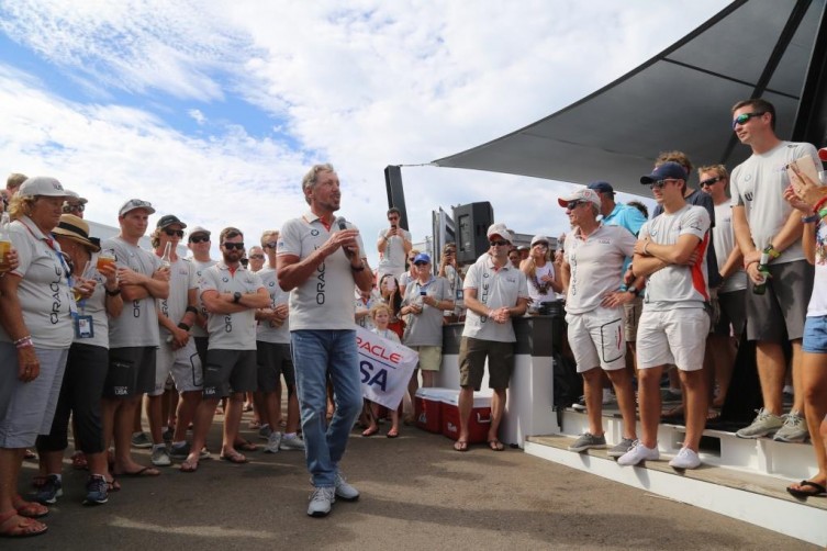 Larry Ellison addressed Team Oracle fans after the race.