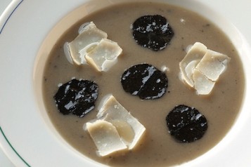 Artichoke and Black Truffle Soup, Toasted Mushroom Brioche, with Black Truffle Butter