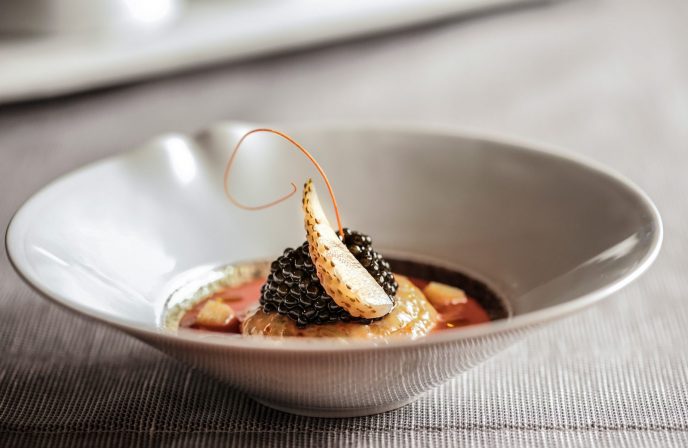 Caviar served with carabineros shrimp tartare and strawberry gazpacho