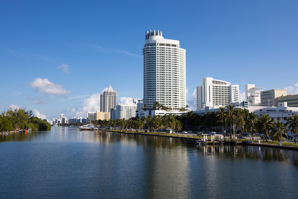 Panoramic view of millionaire row in Miami. Located in Collins Ave, Miami Beach, Florida