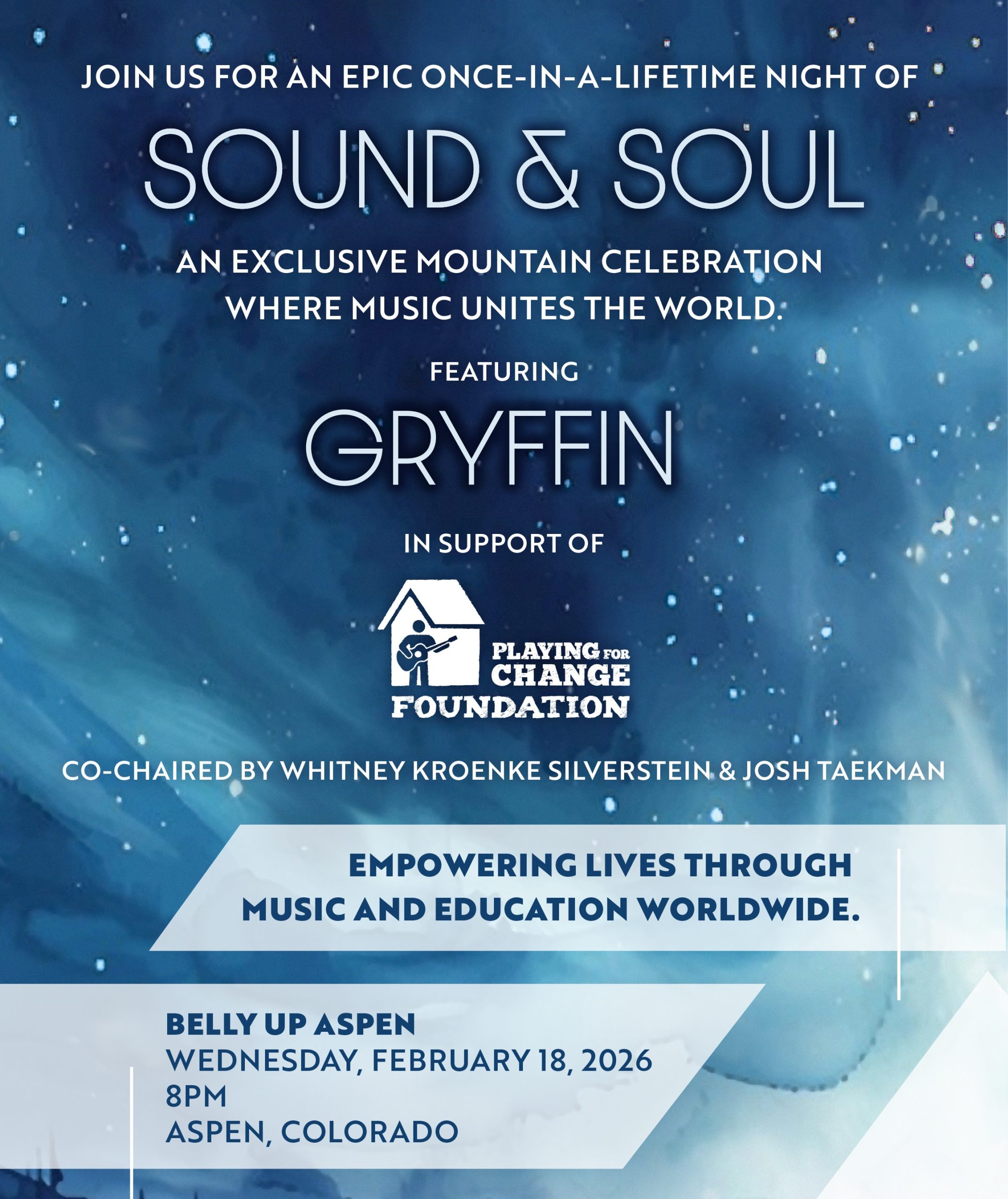 SOUND & SOUL Aspen 2026: GRYFFIN Headlines Playing For Change Foundation Benefit on February 18